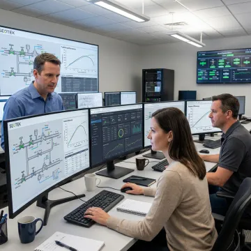 Energy software development team reviewing operations dashboards