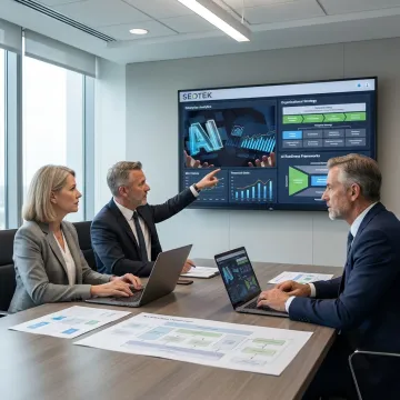 Enterprise data analytics team reviewing dashboards