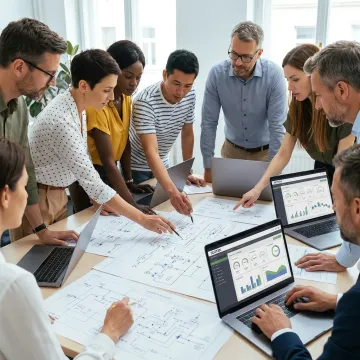 Consultants reviewing automation workflow diagrams