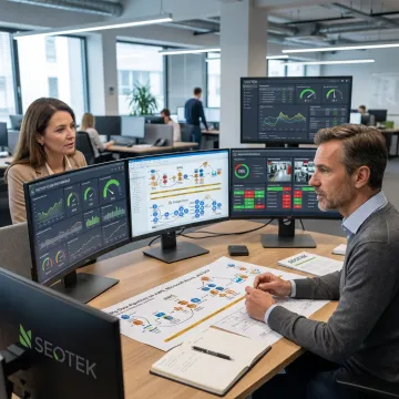 Industrial automation consultants reviewing digital operations dashboard