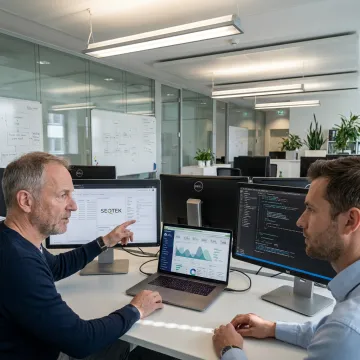 Financial software development team reviewing secure analytics dashboard