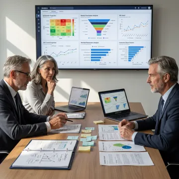 Data strategy consultants reviewing analytics dashboards