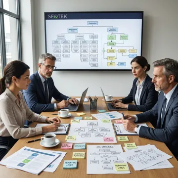 Consultants mapping organizational workflows with leadership team