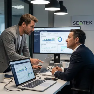 Business consultants reviewing growth strategy with executives