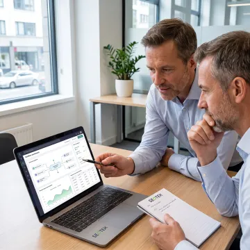 Consultants reviewing an automated workflow dashboard