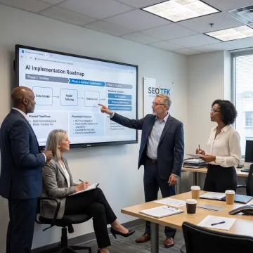 Team reviewing an AI implementation roadmap