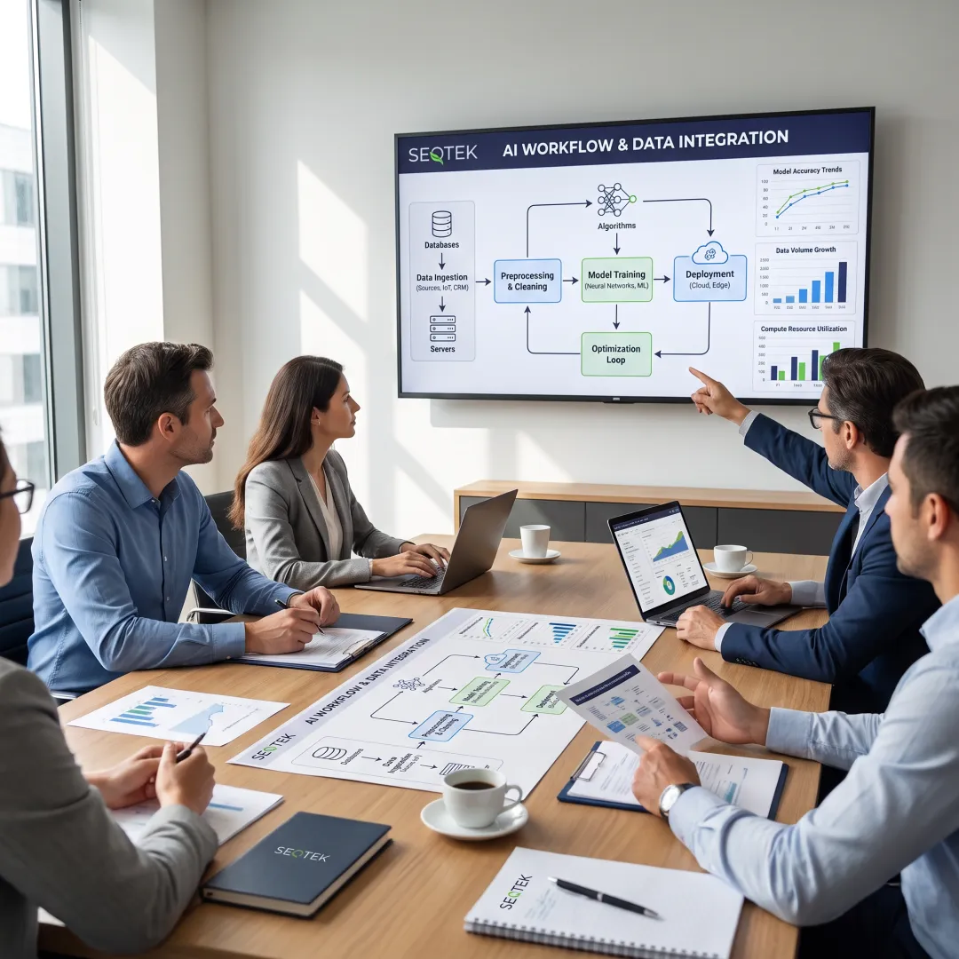 Business leaders collaborating during an AI strategy workshop