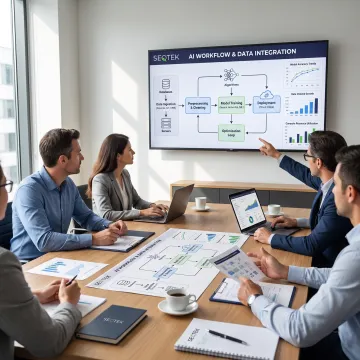 Business leaders collaborating during an AI strategy workshop