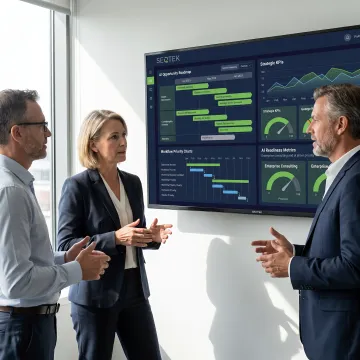 Business leaders reviewing an AI strategy roadmap
