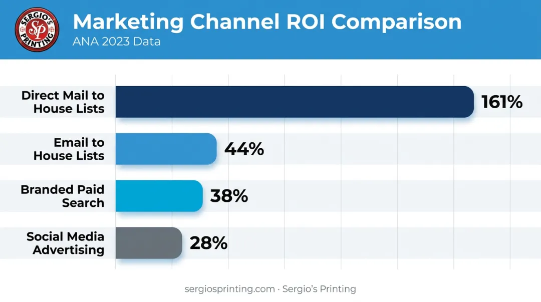 Direct mail versus digital channel ROI comparison bar chart infographic