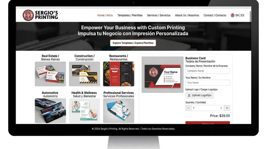 Sergio's Printing business card template categories displayed on bilingual website interface