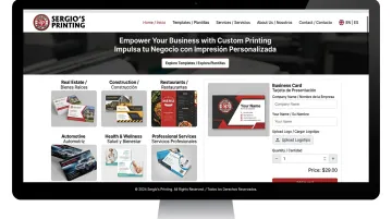 Sergio's Printing business card template categories displayed on bilingual website interface