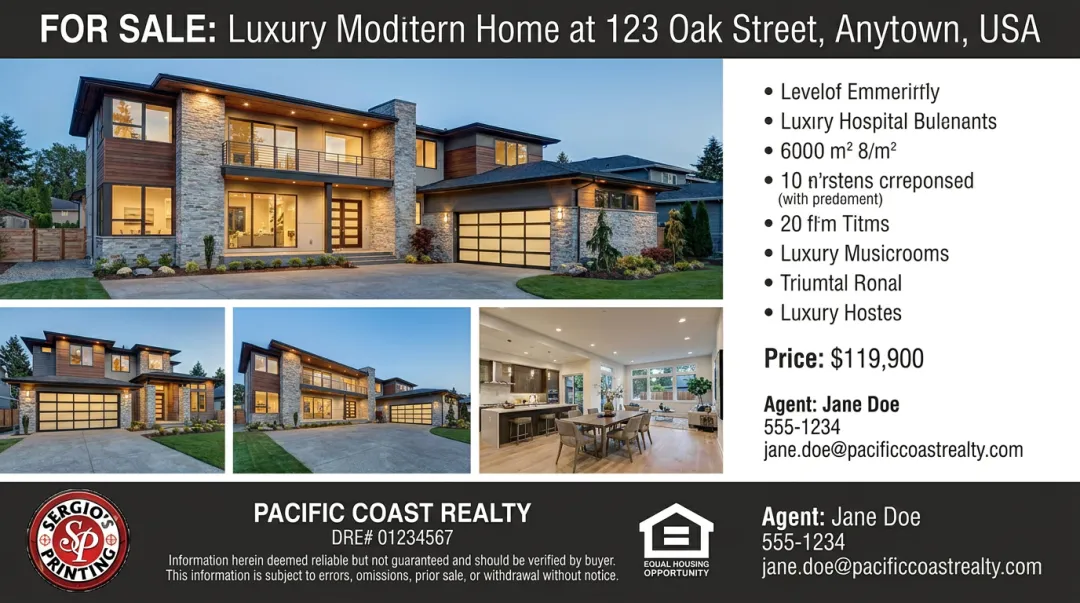 Real estate listing flyer template showing compliant footer disclaimer and EHO logo