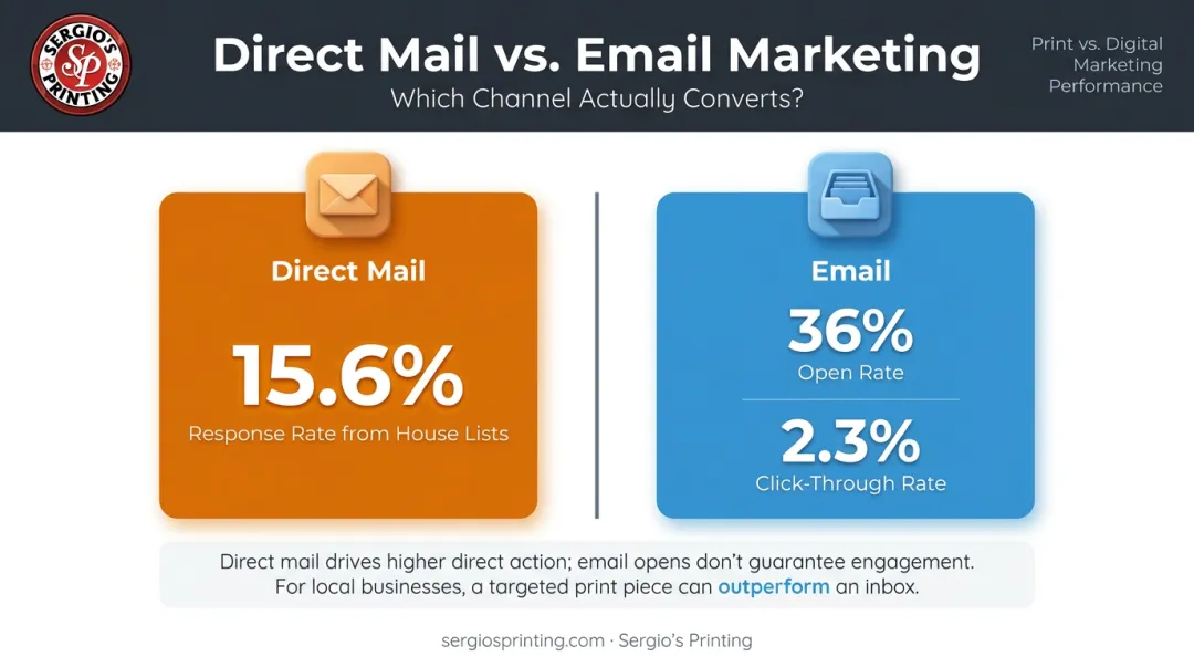 Direct mail versus email response rate and click-through rate comparison infographic