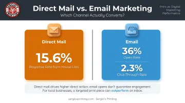 Direct mail versus email response rate and click-through rate comparison infographic