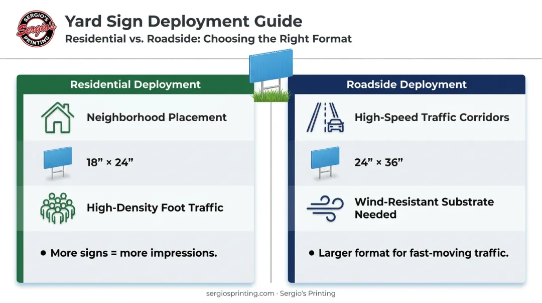 Residential versus roadside campaign sign strategy size and placement comparison