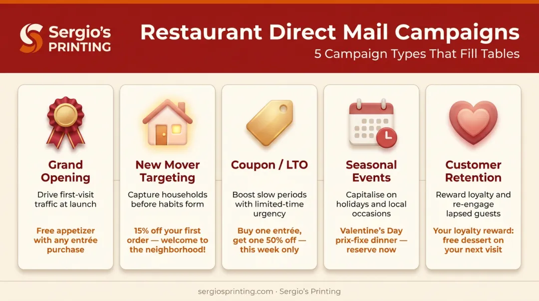 Restaurant direct mail campaign types from acquisition to loyalty retention overview