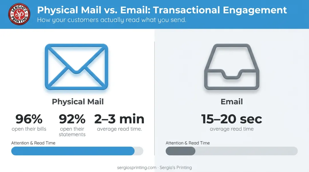 Physical mail versus email attention time comparison statistics infographic