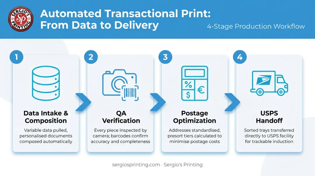 Four-stage automated transactional print workflow from data intake to USPS handoff