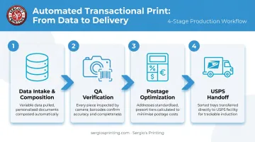 Four-stage automated transactional print workflow from data intake to USPS handoff
