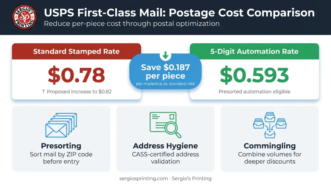 USPS postage rate comparison showing automation savings versus standard stamped letter rates