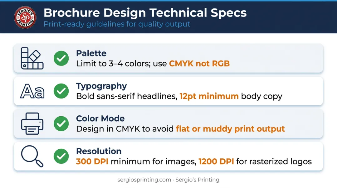 Brochure print design technical specifications color resolution typography requirements checklist