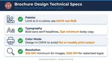 Brochure print design technical specifications color resolution typography requirements checklist