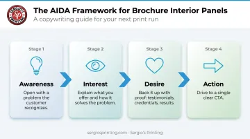 AIDA brochure interior panel framework four-stage process flow infographic