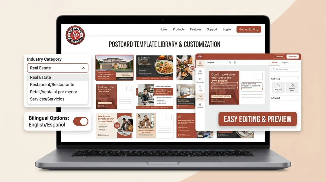 Sergio's Printing online postcard customization platform showing bilingual template library