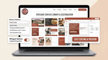 Sergio's Printing online postcard customization platform showing bilingual template library