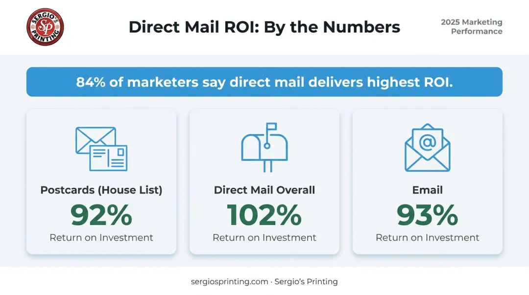 Direct mail ROI statistics comparison showing postcard email and SMS performance metrics