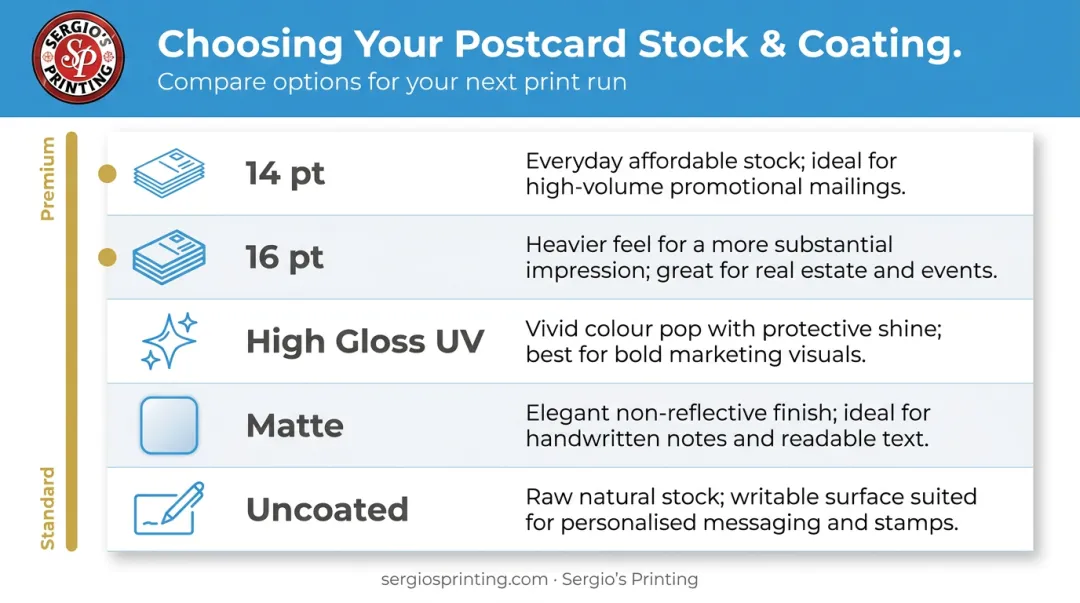 Postcard paper weight and coating options comparison guide for commercial printing