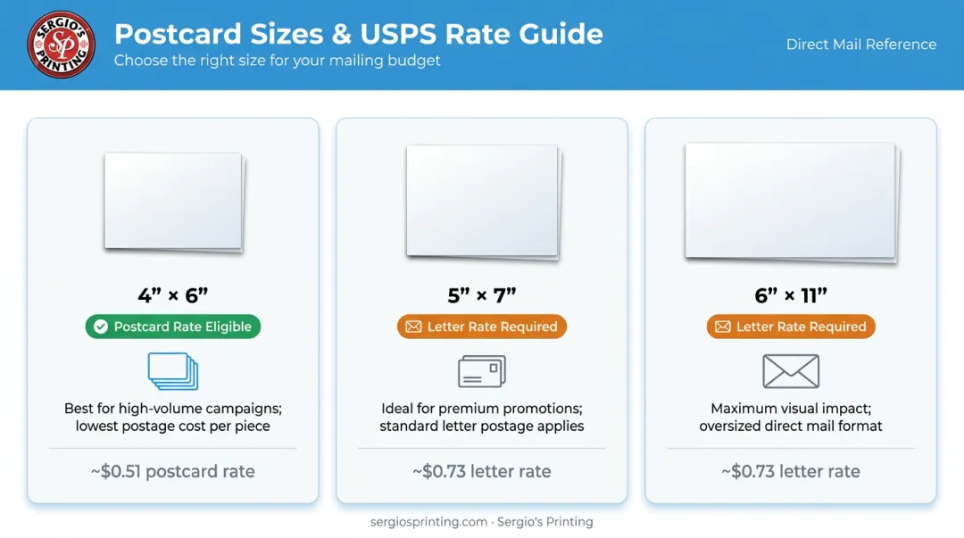 Postcard size comparison chart with USPS mailing rates and recommended use cases