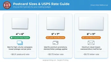 Postcard size comparison chart with USPS mailing rates and recommended use cases