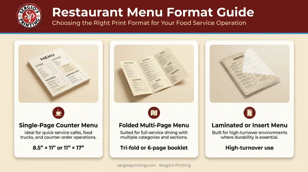 Three restaurant menu format options single-page folded and laminated comparison