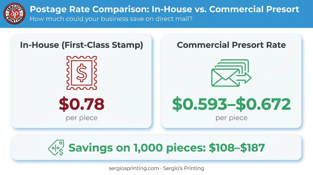 In-house retail postage versus commercial presort mail rate cost comparison