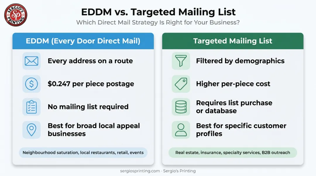 EDDM versus targeted mailing list side-by-side comparison infographic for local postcards