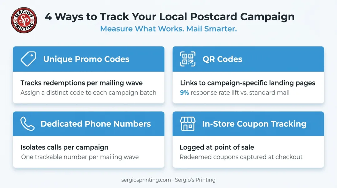 Four postcard campaign response tracking methods including QR codes promo codes and phone numbers