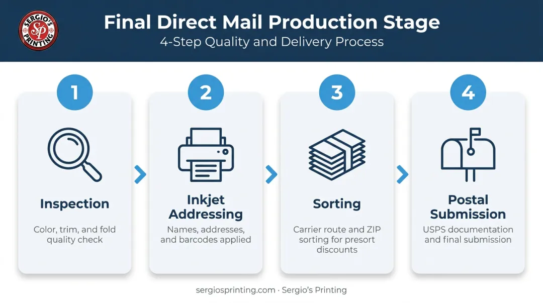 4-step direct mail quality control addressing and postal submission workflow