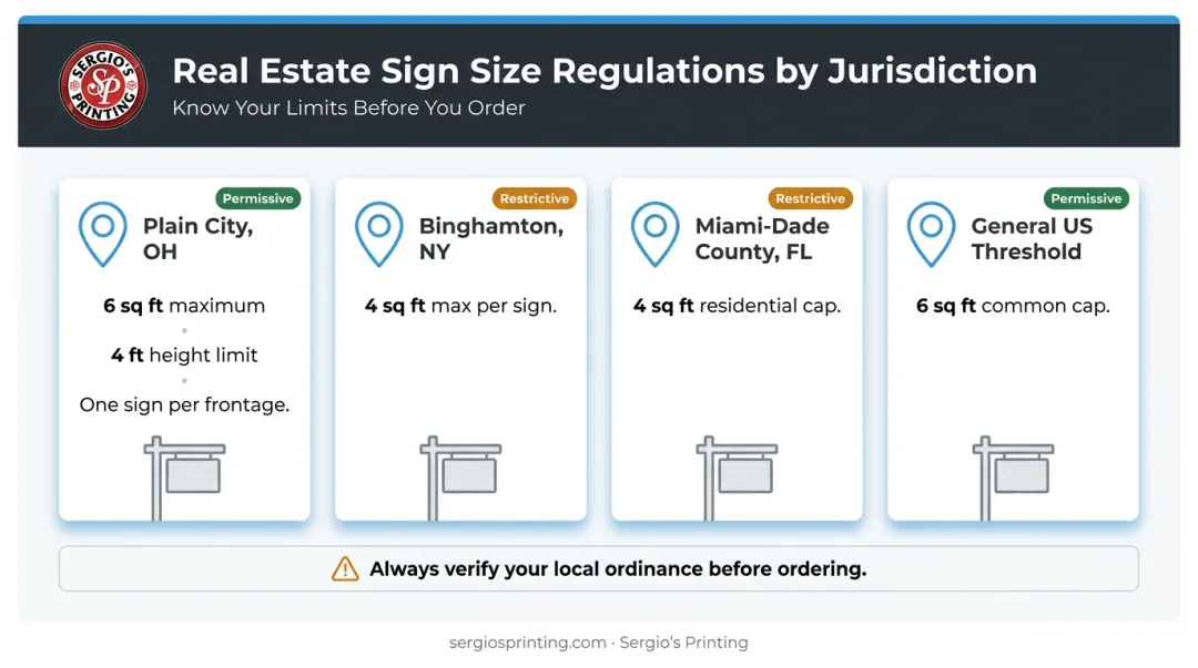 US municipal real estate sign size regulations comparison by city and county