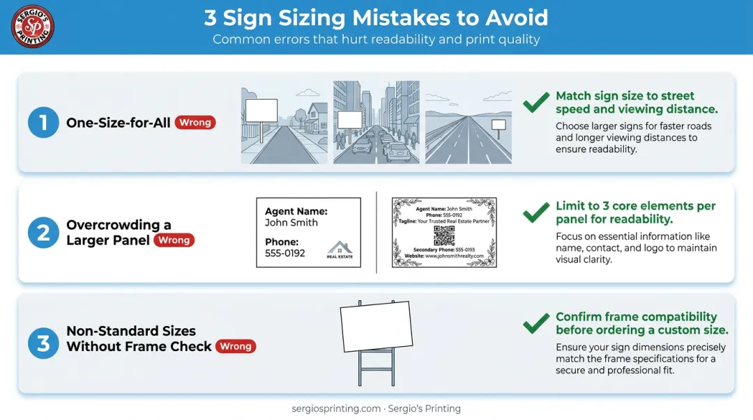Three common real estate sign sizing mistakes to avoid illustrated process infographic