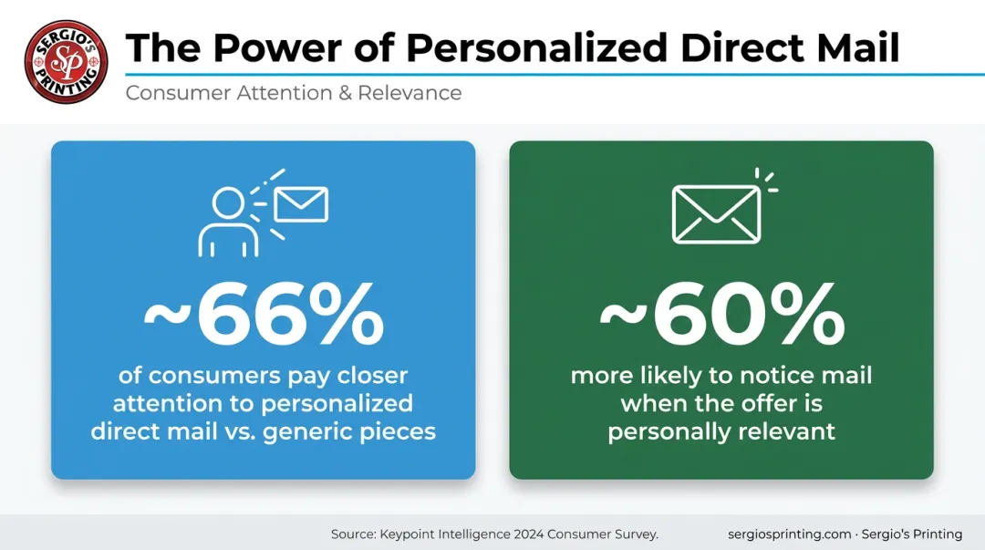 Personalized versus generic direct mail attention and response rate statistics comparison infographic
