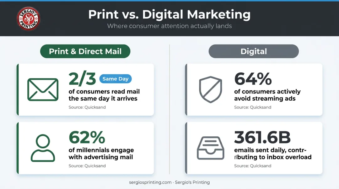 Print versus digital marketing statistics comparison showing consumer engagement data