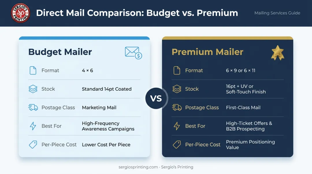 Budget versus premium postcard mailer side-by-side feature comparison infographic