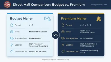 Budget versus premium postcard mailer side-by-side feature comparison infographic