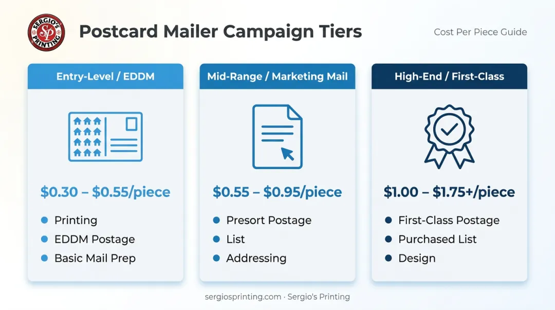Three-tier postcard mailer campaign cost comparison infographic with price ranges