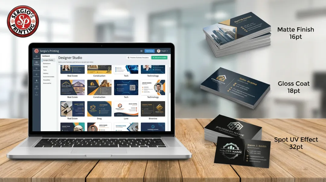 Sergio's Printing business card templates showing industry categories finishes and cardstock options