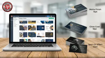 Sergio's Printing business card templates showing industry categories finishes and cardstock options