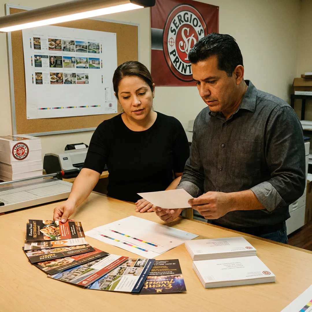 Print shop team preparing materials for mailing
