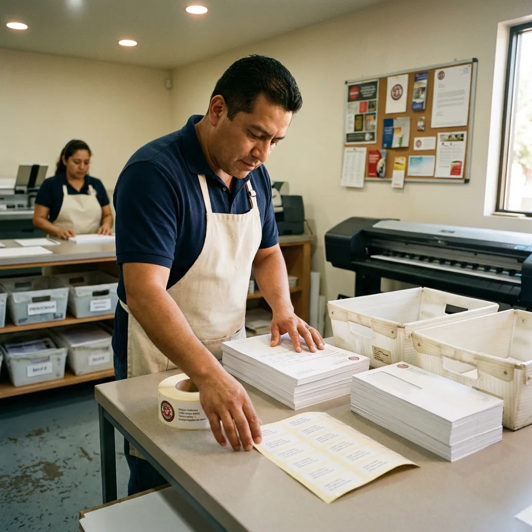Print shop team preparing statement mailings